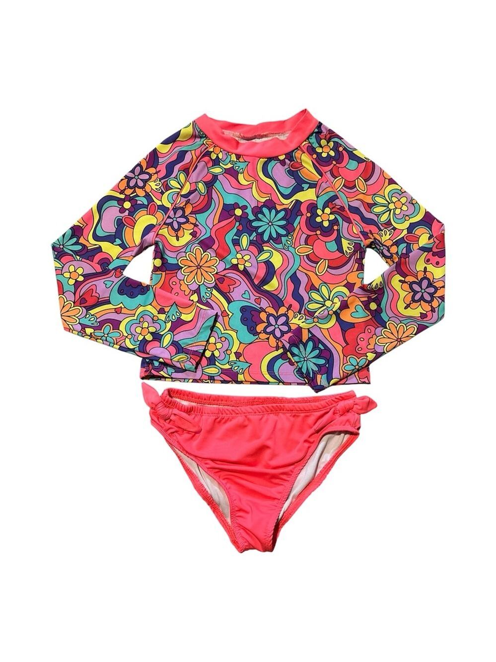 Girls' Neon Floral Long Sleeve Rash Guard Two-Piece Swim Set - Size 12
